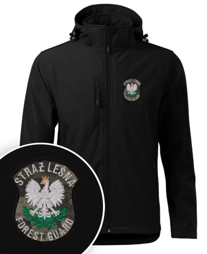 Softshell kurtka czarna z haftowanym logo FOREST GUARD męska