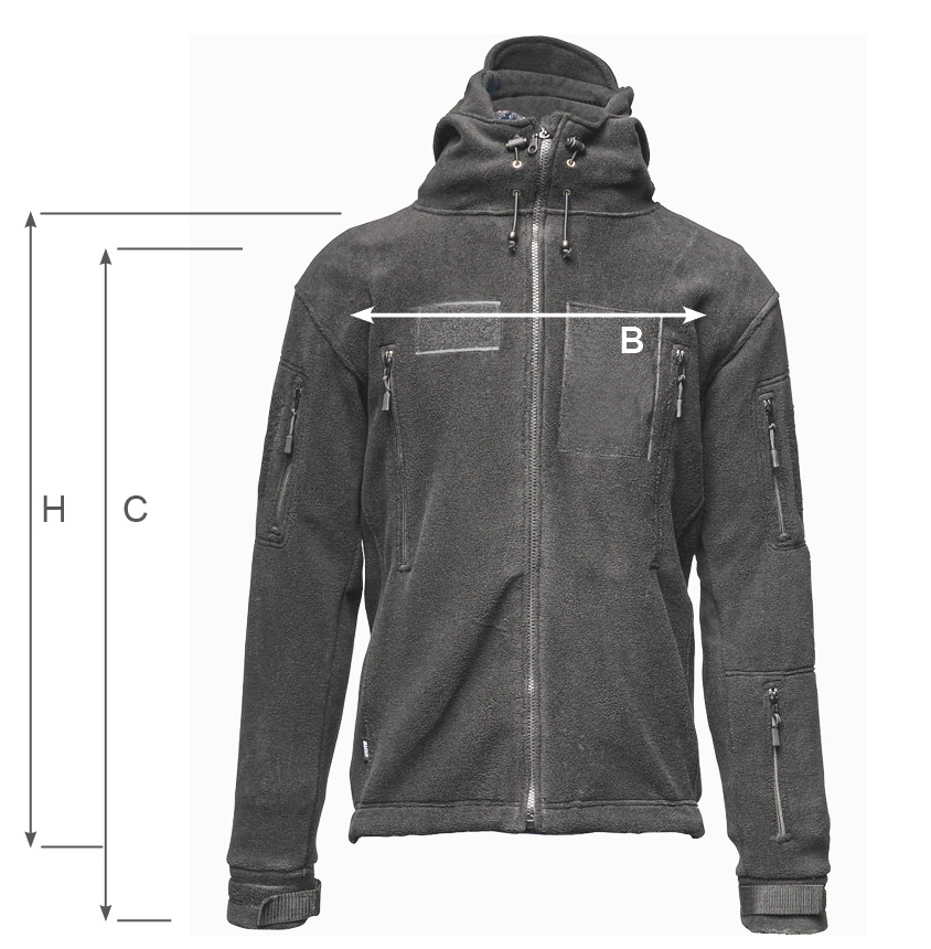 Grafika przedstawia polar meski NORBI w kolorze szarym, na którym zaznaczono linie pomiarowe: H - Długość polara, C - długość rękawa z mankietem, B - Szerokość w klatce piersiowej