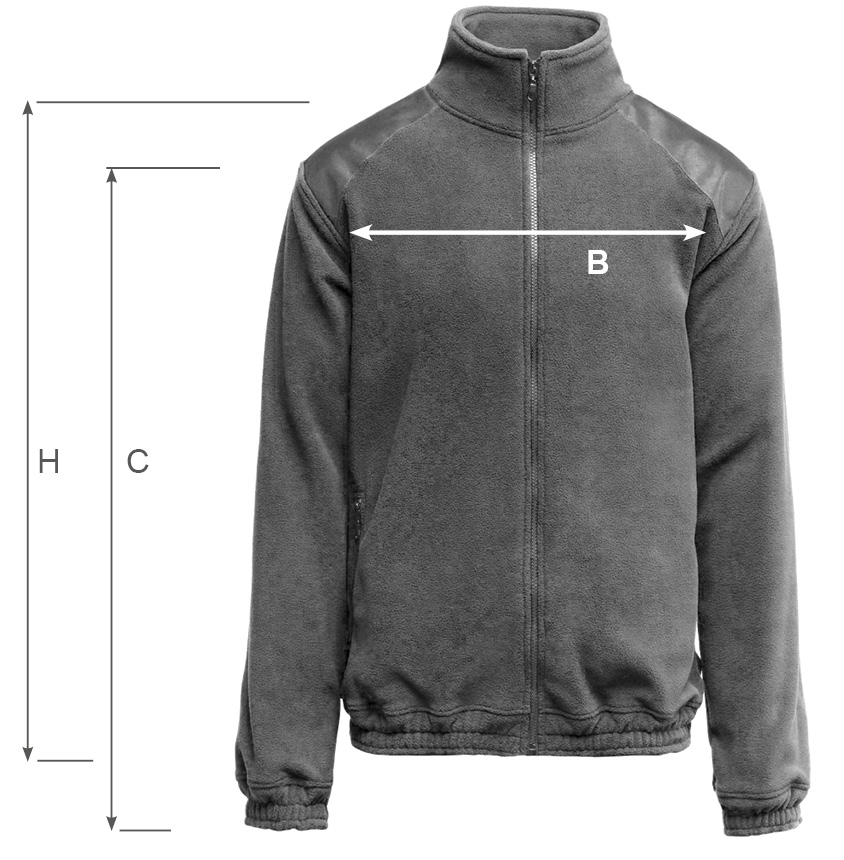 Grafika przedstawia polar meski STAR w kolorze szarym, na którym zaznaczono linie pomiarowe: H - Długość polara, C - długość rękawa z mankietem, B - Szerokość w klatce piersiowej