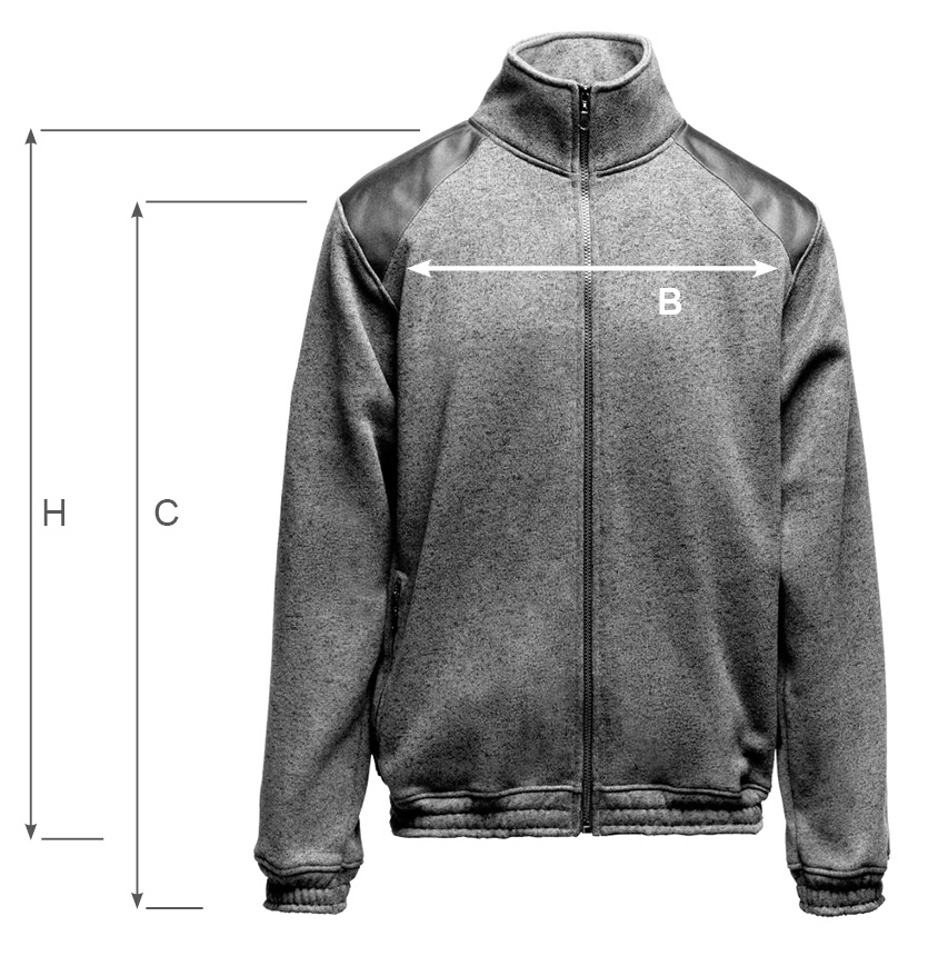 Grafika przedstawia polar meski STAR w kolorze szarym, na którym zaznaczono linie pomiarowe: H - Długość polara, C - długość rękawa z mankietem, B - Szerokość w klatce piersiowej