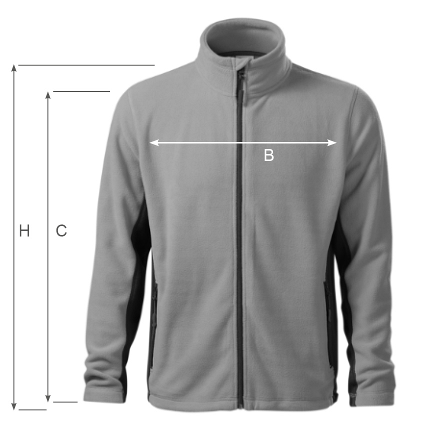 Grafika przedstawia polar męski w kolorze szarym, na którym zaznaczono linie pomiarowe: H - Długość polara, C - długość rękawa z mankietem, B - Szerokość w klatce piersiowej